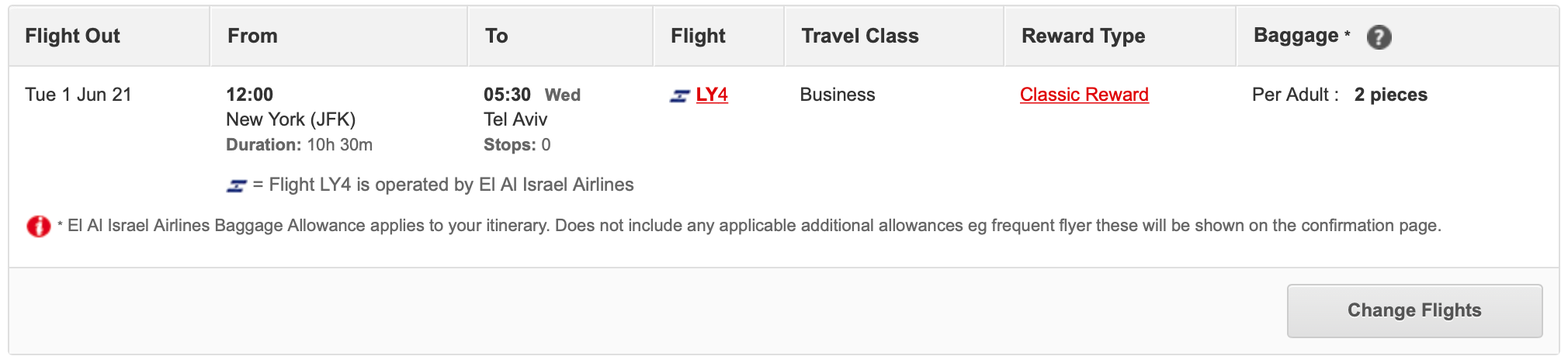 El Al JFK to TLV Qantas Award