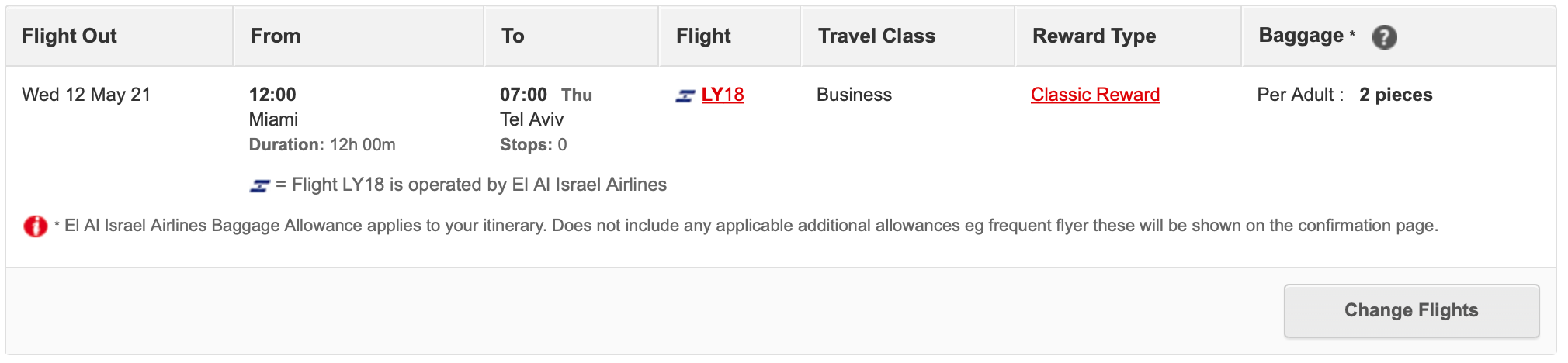 El Al MIA to TLV Qantas Award