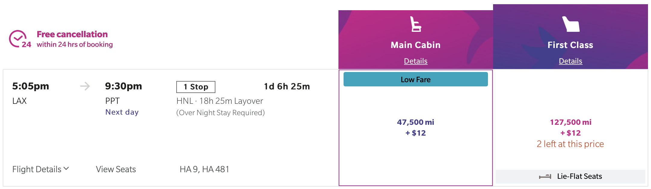 Hawaiian Airlines LAX to PPT Award Search
