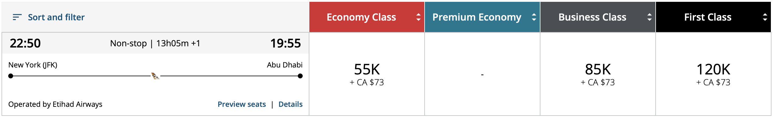 JFK to AUH Aeroplan Award
