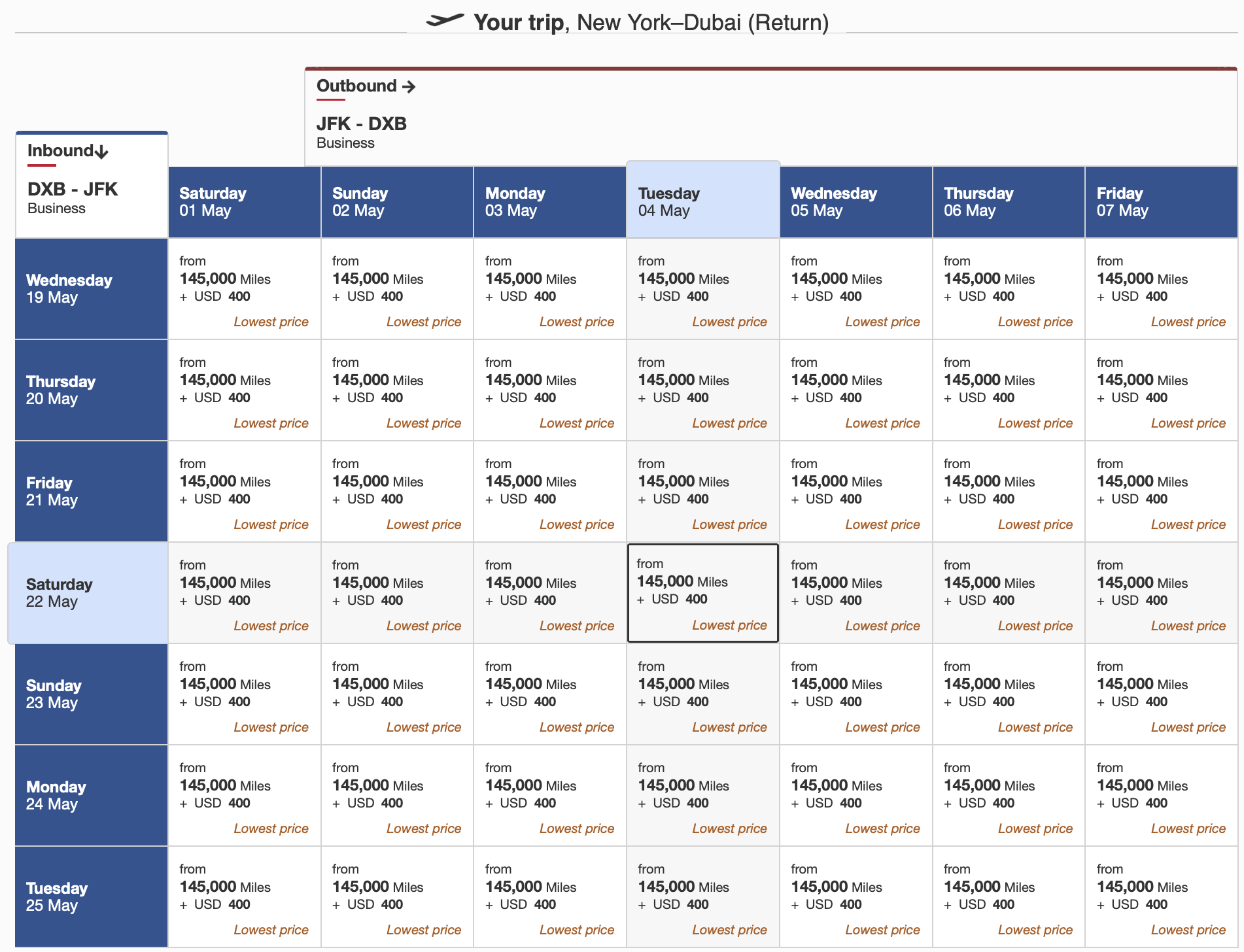 JFK to DXB Calendar Search