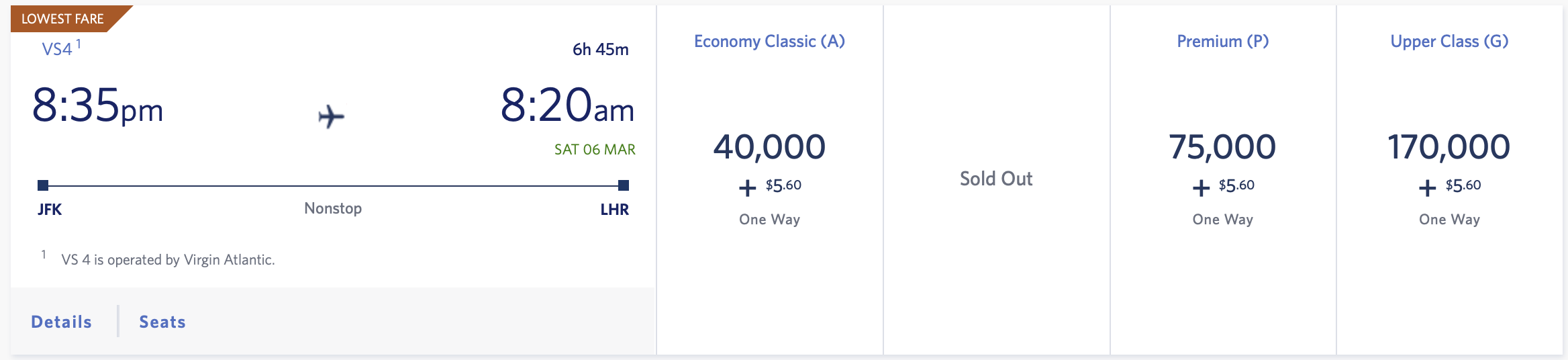 JFK to LHR Close-In 21 to 59 Day SkyMiles Award