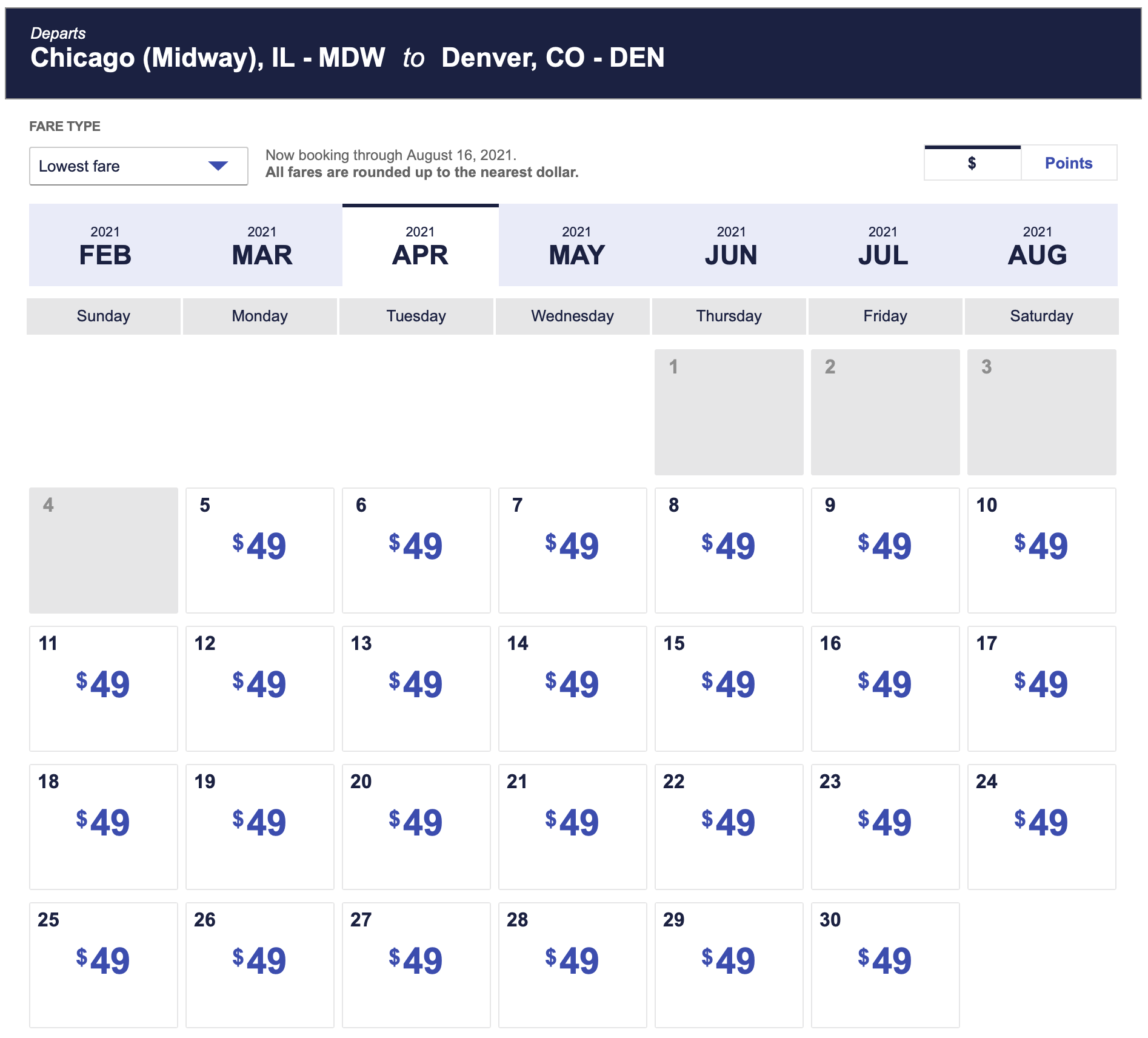 MDW to DEN Southwest Fare Calendar