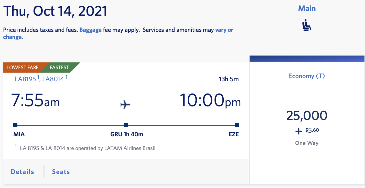 MIA EZE LATAM SkyMiles Award Ticket