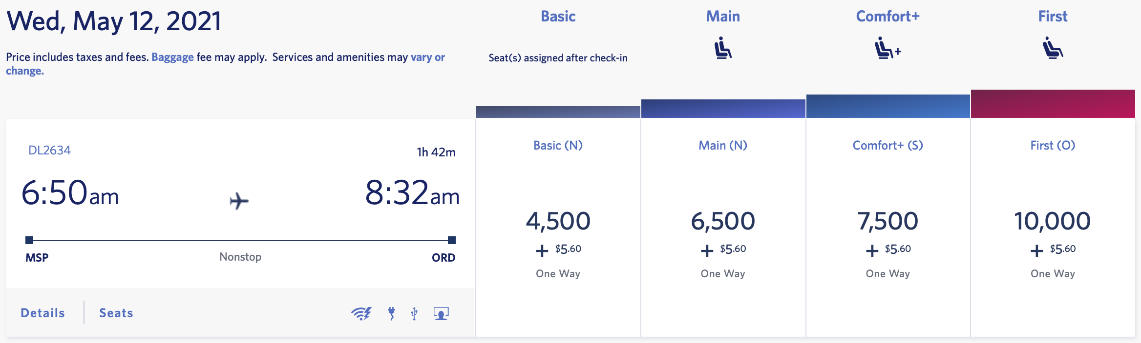 MSP to ORD SkyMiles Award Pricing