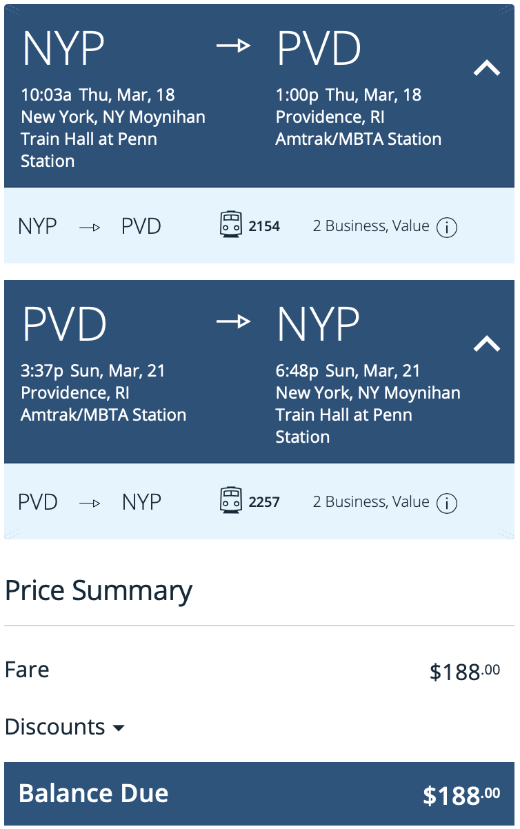 NYC to Providence Amtrak Acela Booking
