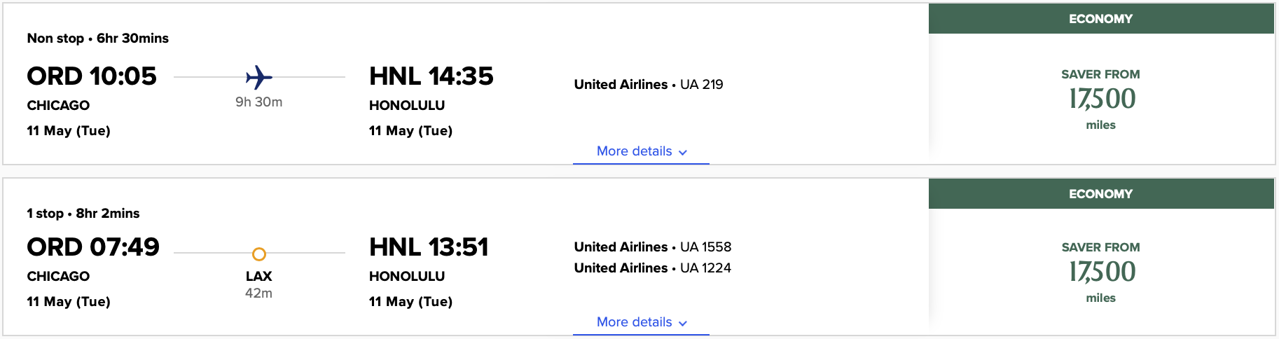 ORD HNL KrisFlyer Search Results