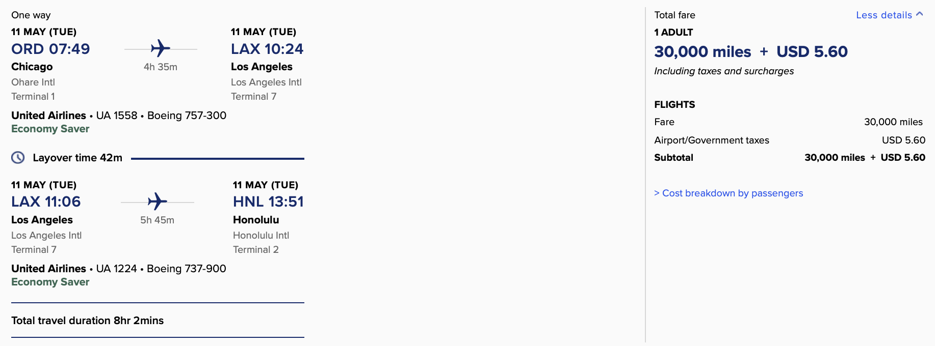 ORD LAX HNL Krisflyer Itinerary
