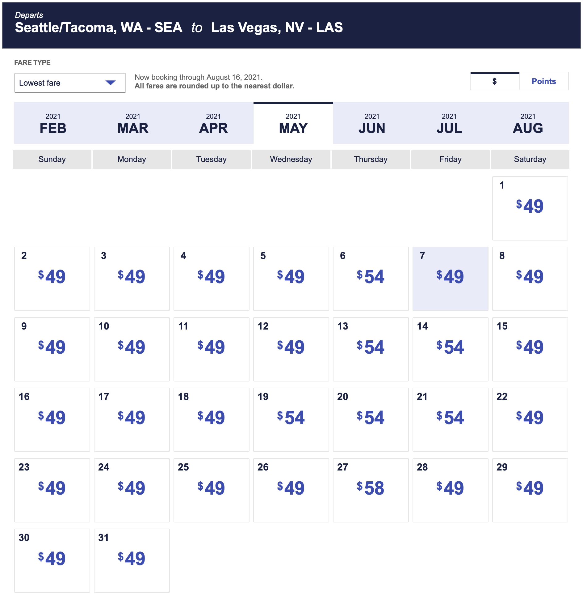 SEA to LAS Southwest Fare Calendar