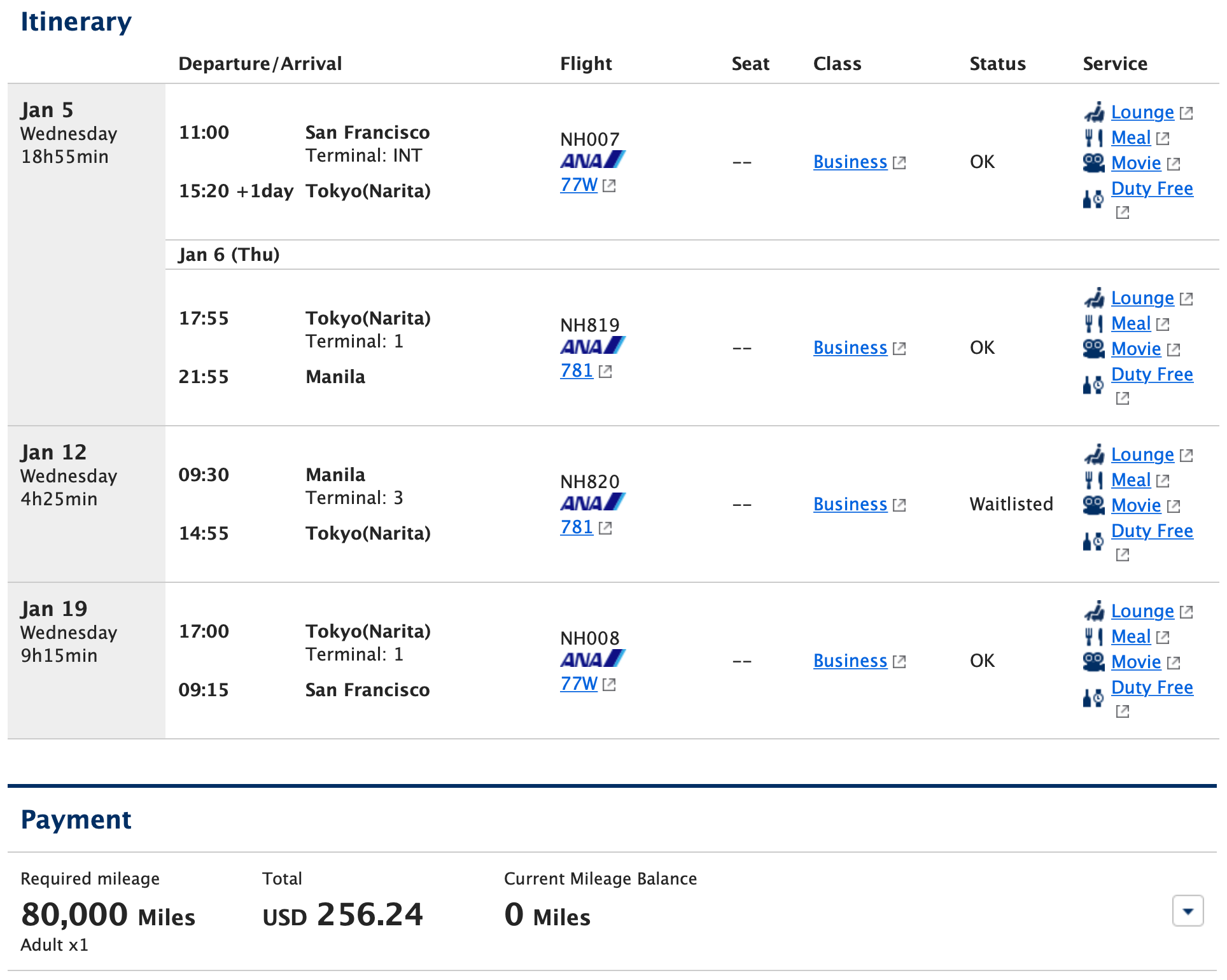 SFO to MNL Mileage Club Ticket