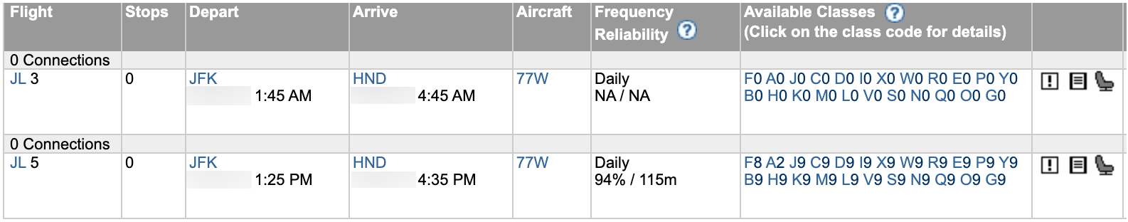 ExpertFlyer search results from New York-JFK to Tokyo