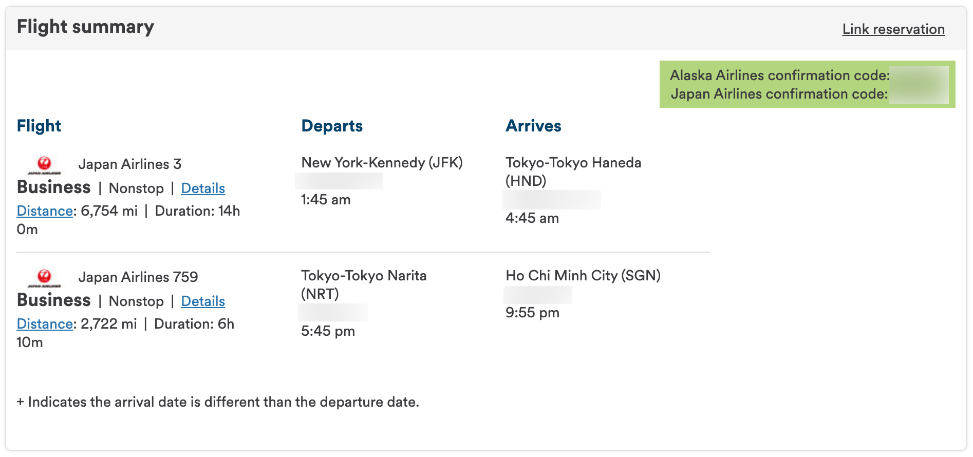 A Japan Airlines business class flight booked with Alaska miles