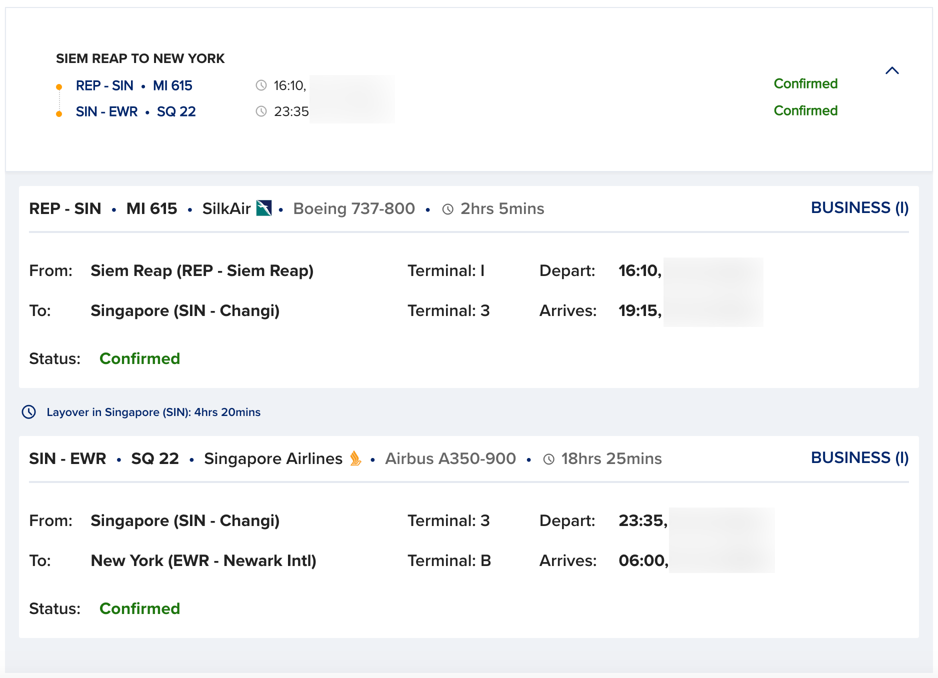 Singapore Airlines flight confirmation from Siem Reap to Newark via Singapore