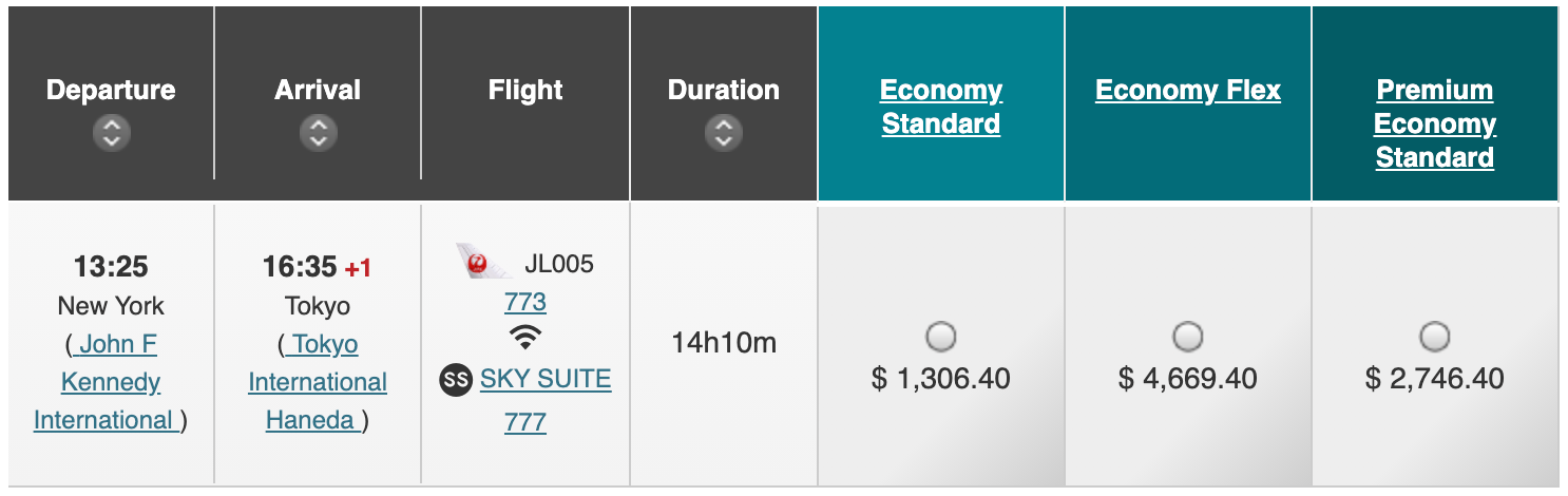 Japan Airlines' search results from New York-JFK to Tokyo