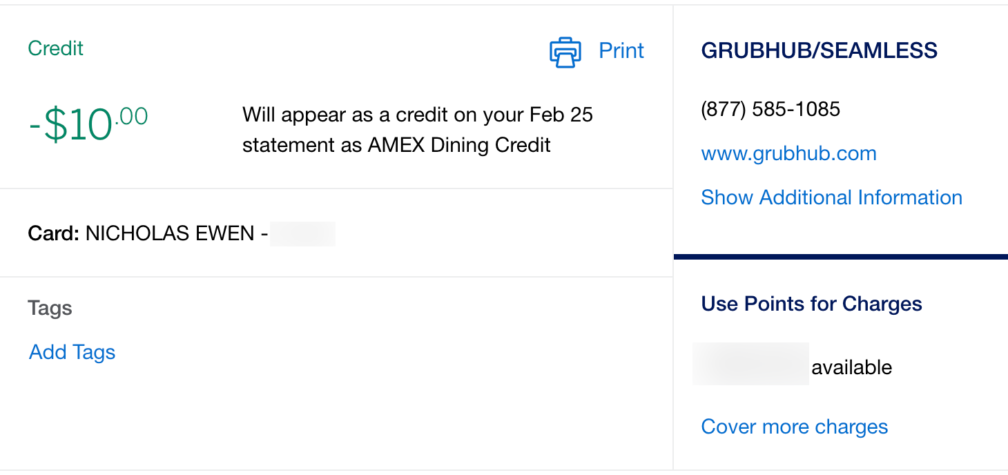 A screen shot of the $10 monthly dining credit on the Amex Gold card