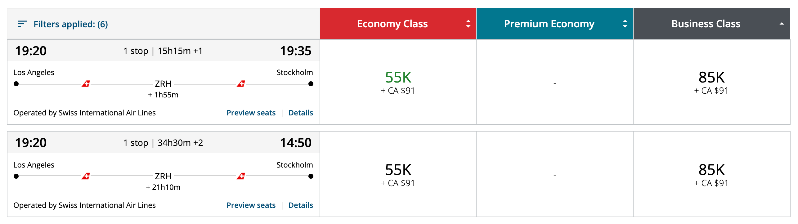Aeroplan award results from Los Angeles to Zurich