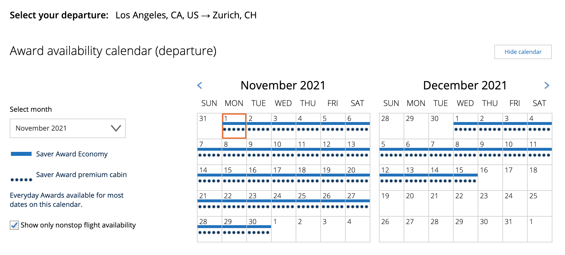 The nonstop award availability for 9 passengers from Los Angeles to Zurich