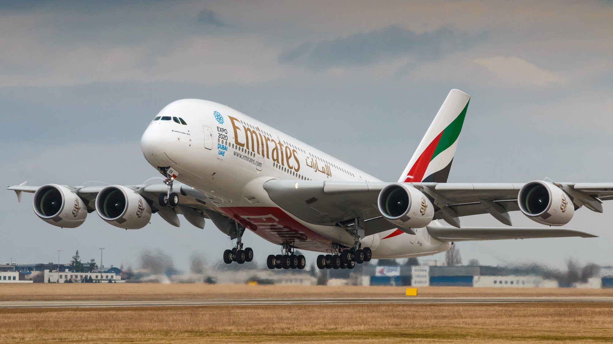 Prague,,Czech,Republic,-,March10:,Airbus,A380-800,Emirates,Take,Off