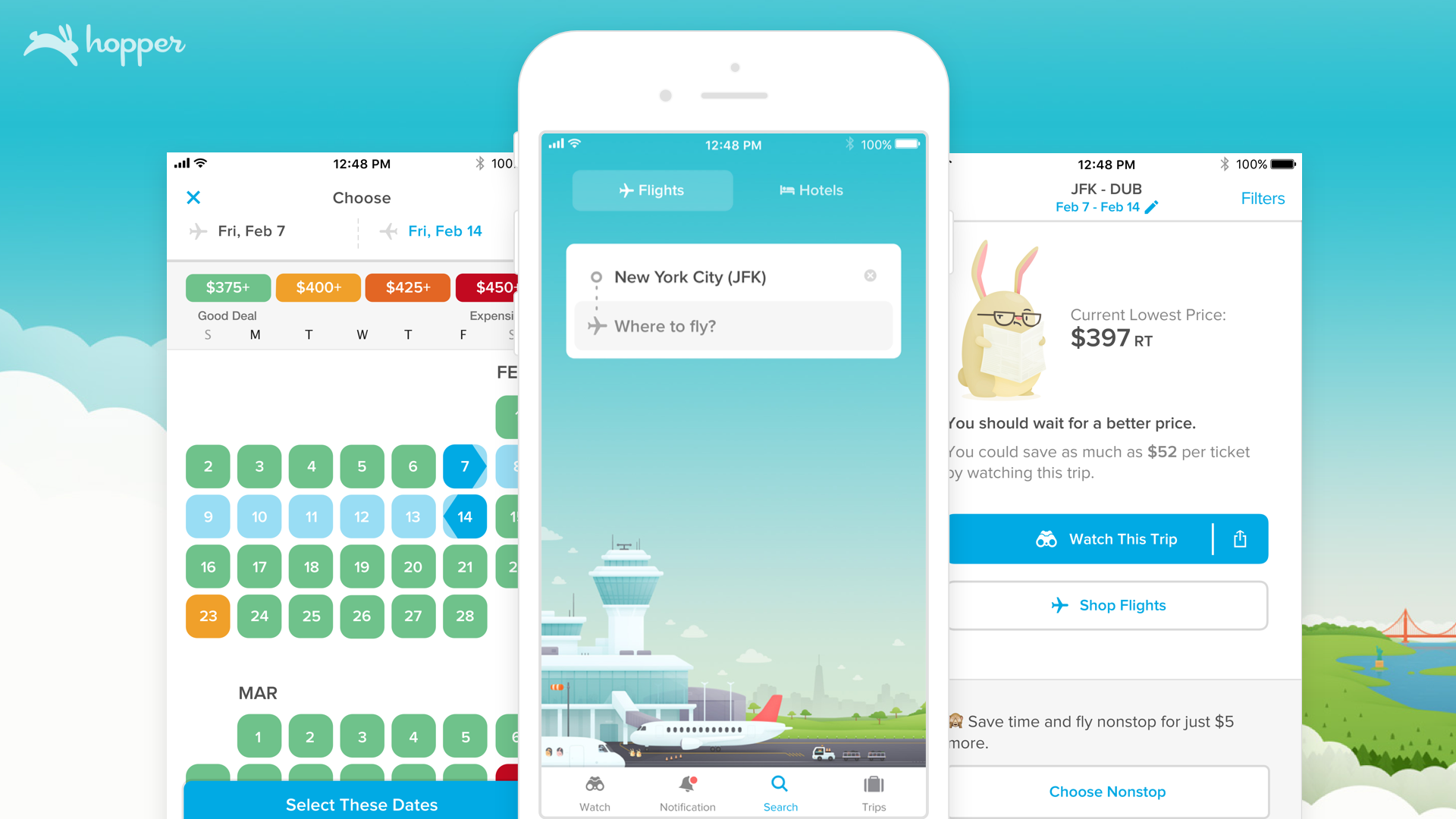 Screenshots of Hopper's flight booking service