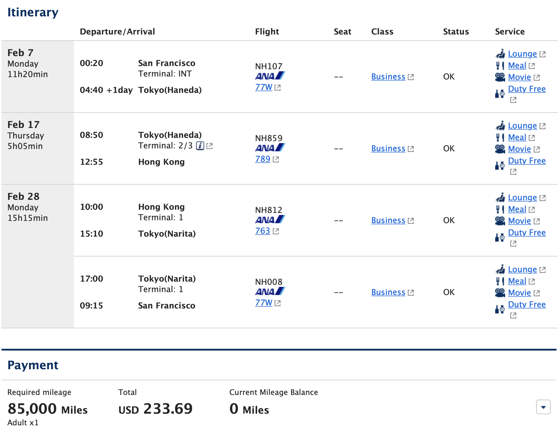 ANA Mileage Club itinerary to Tokyo and Hong Kong