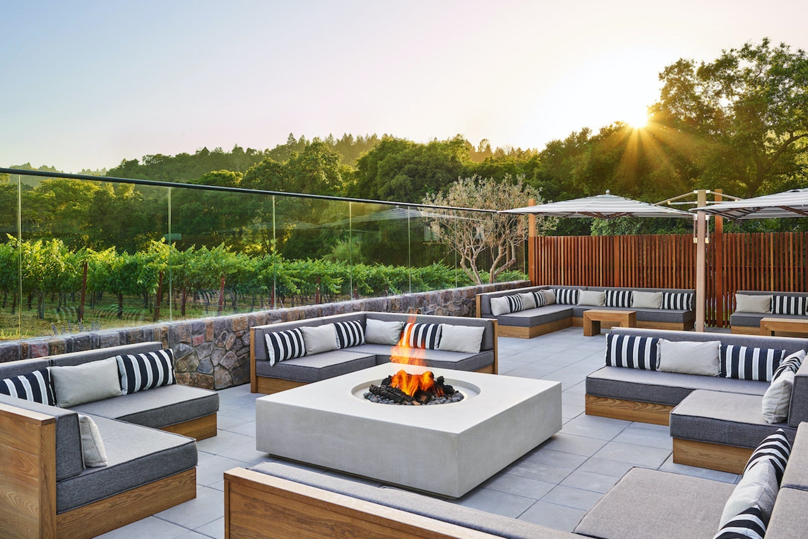 lounge chairs around fire in the middle of winery