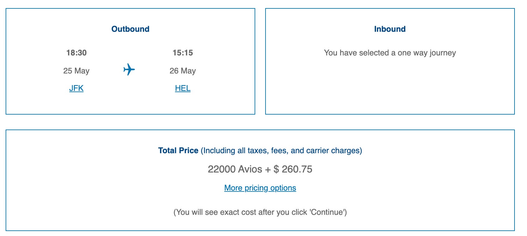 Avios JFK - HEL economy class