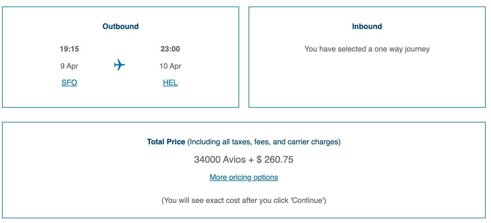 Avios SFO - HEL economy class