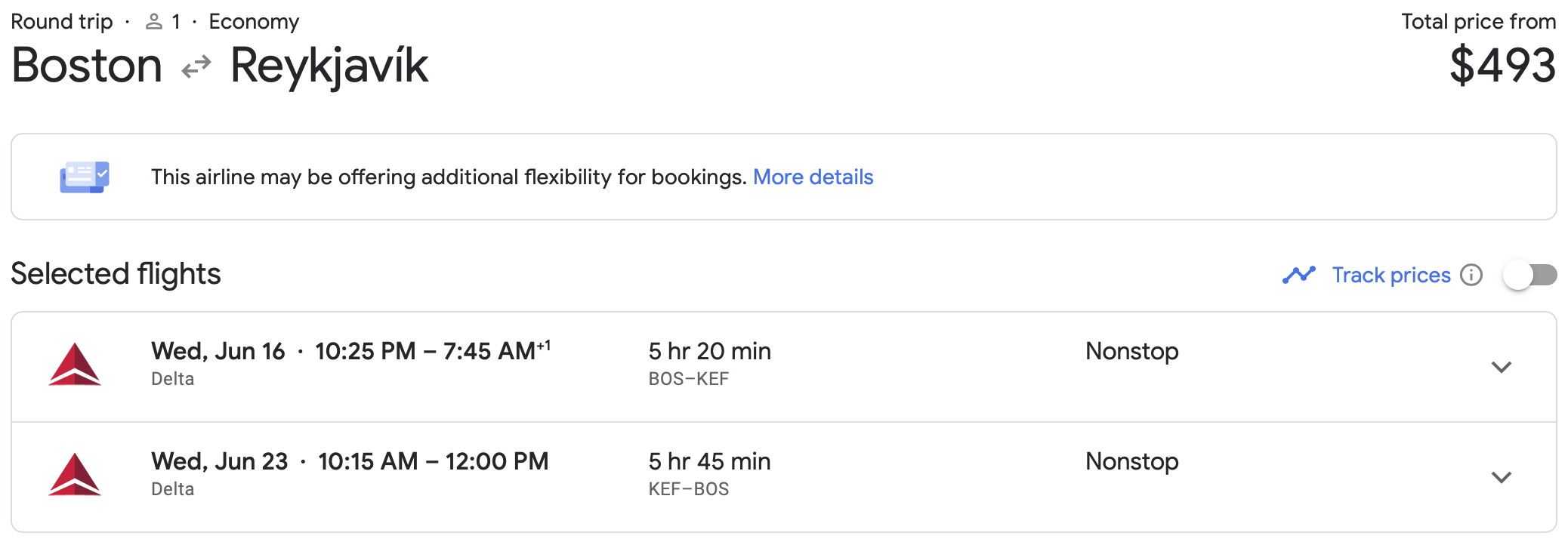 BOS to KEF Delta economy ticket