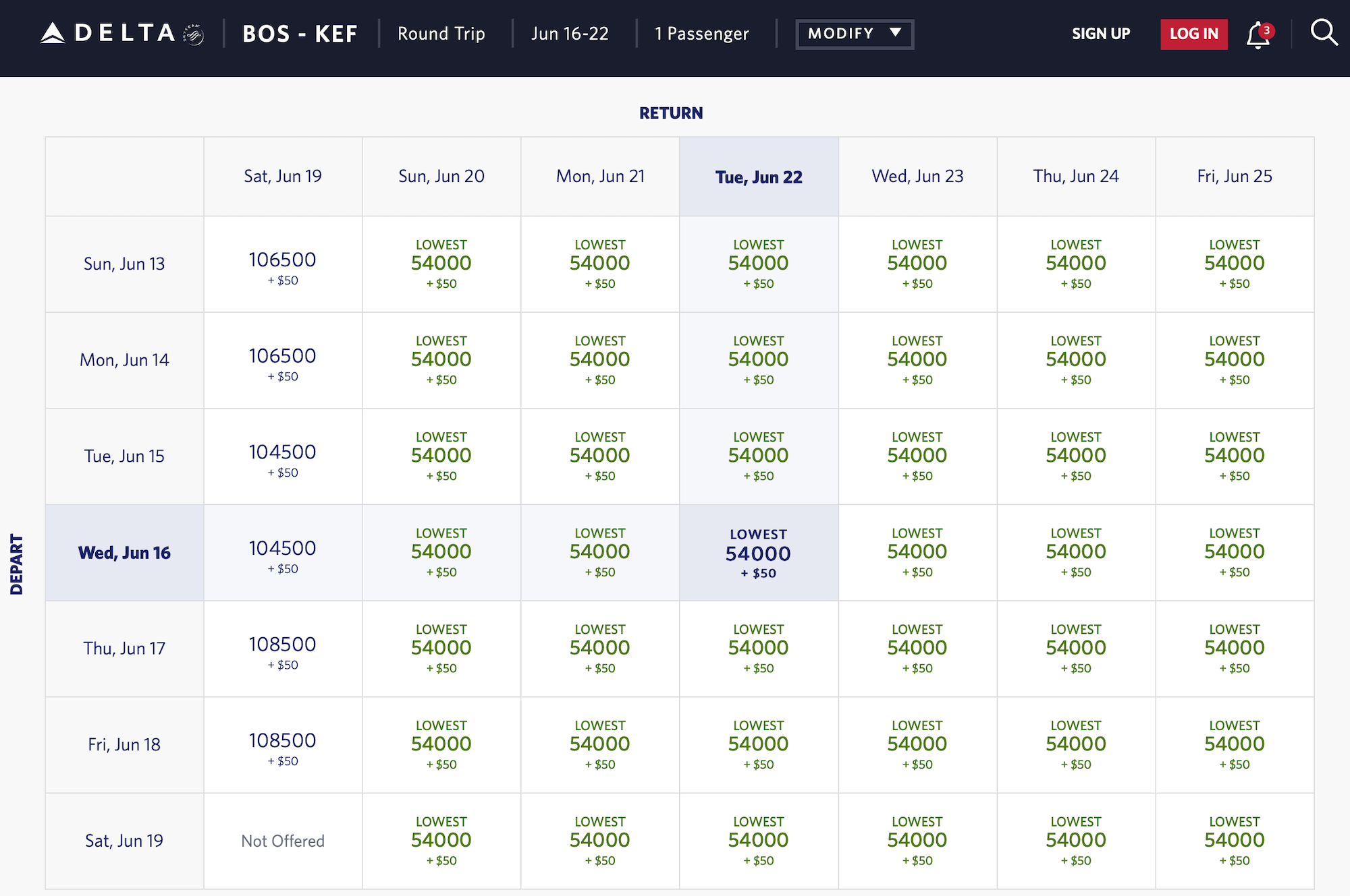 Delta BOS to KEF Award Pricing