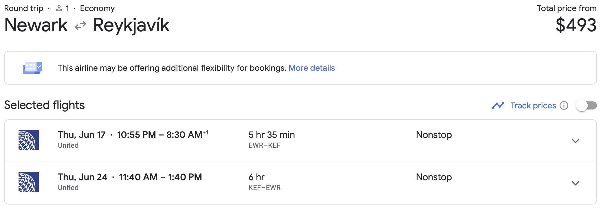 EWR to KEF United economy ticket
