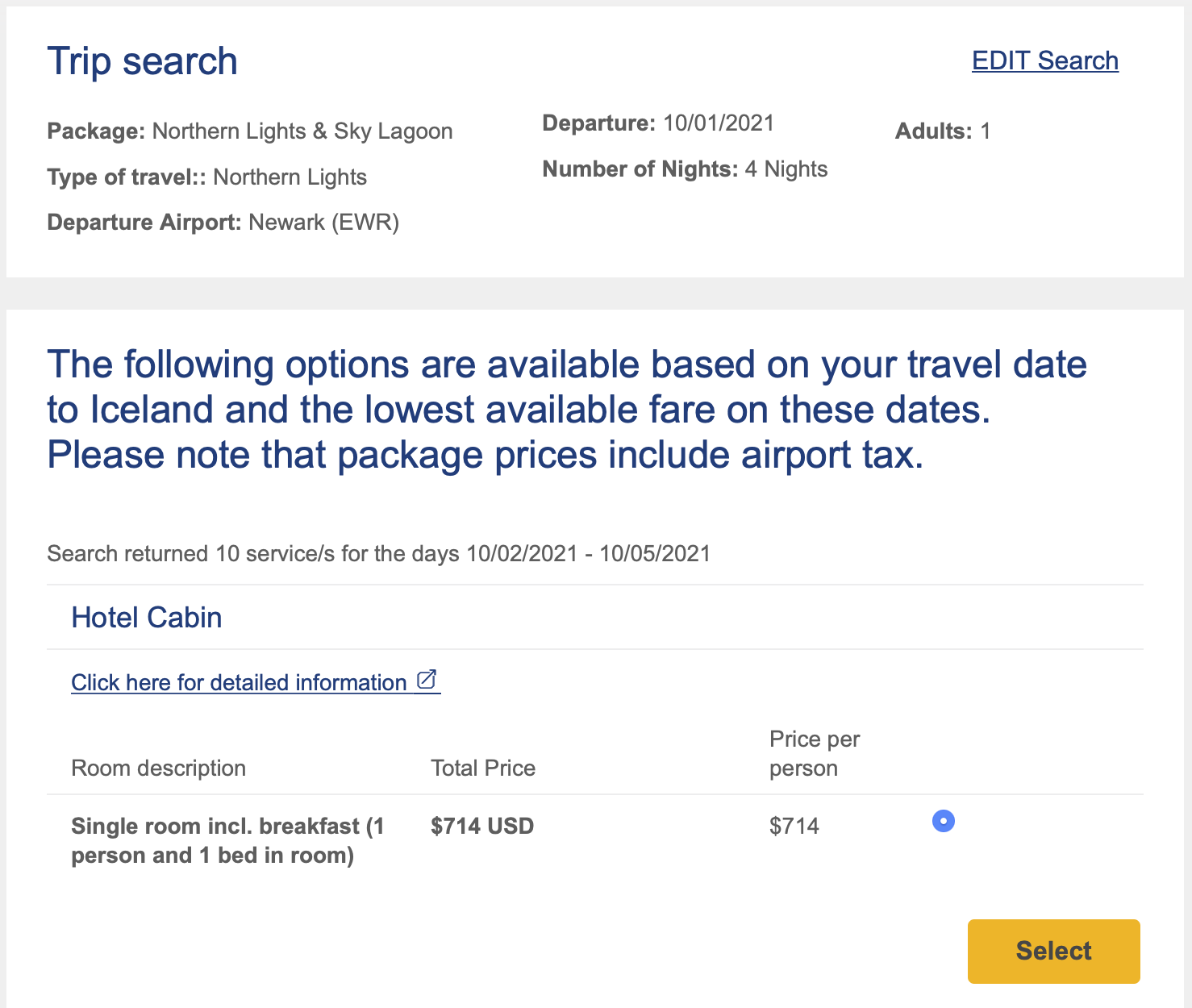 Icelandair package deal for one person