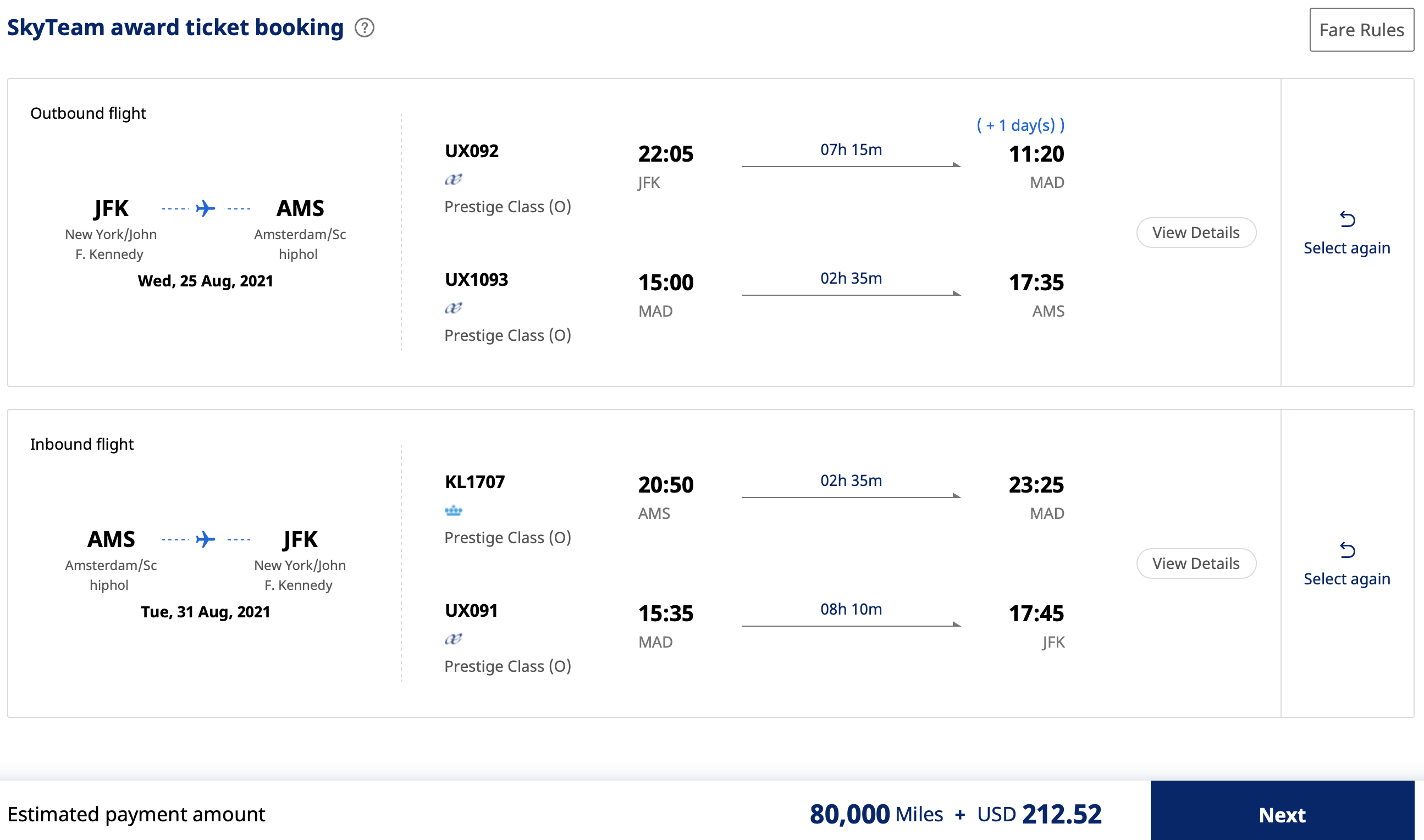 JFK to AMS Round-Trip Business Class booking with SKYPASS