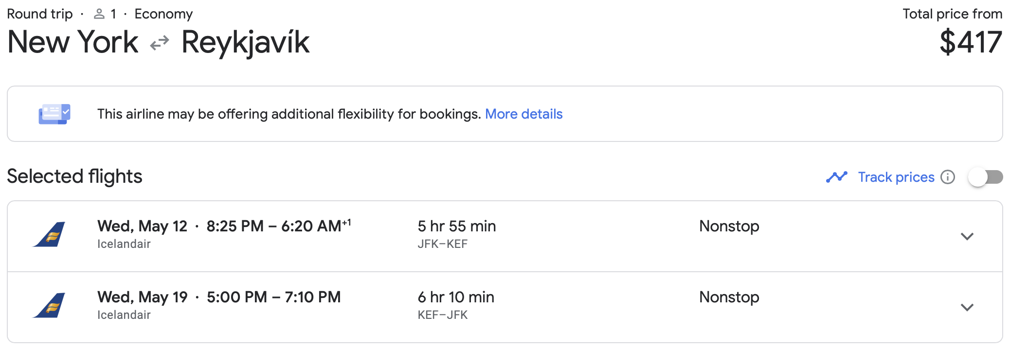 JFK to KEF Icelandair economy ticket