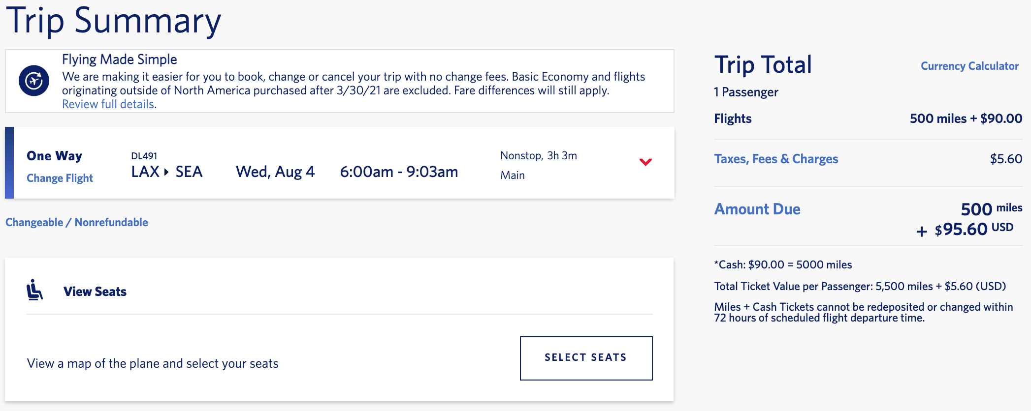 Delta miles + cash booking