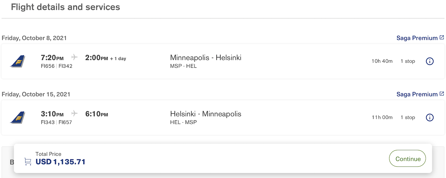 MSP to HEL Icelandair Saga Class Ticket