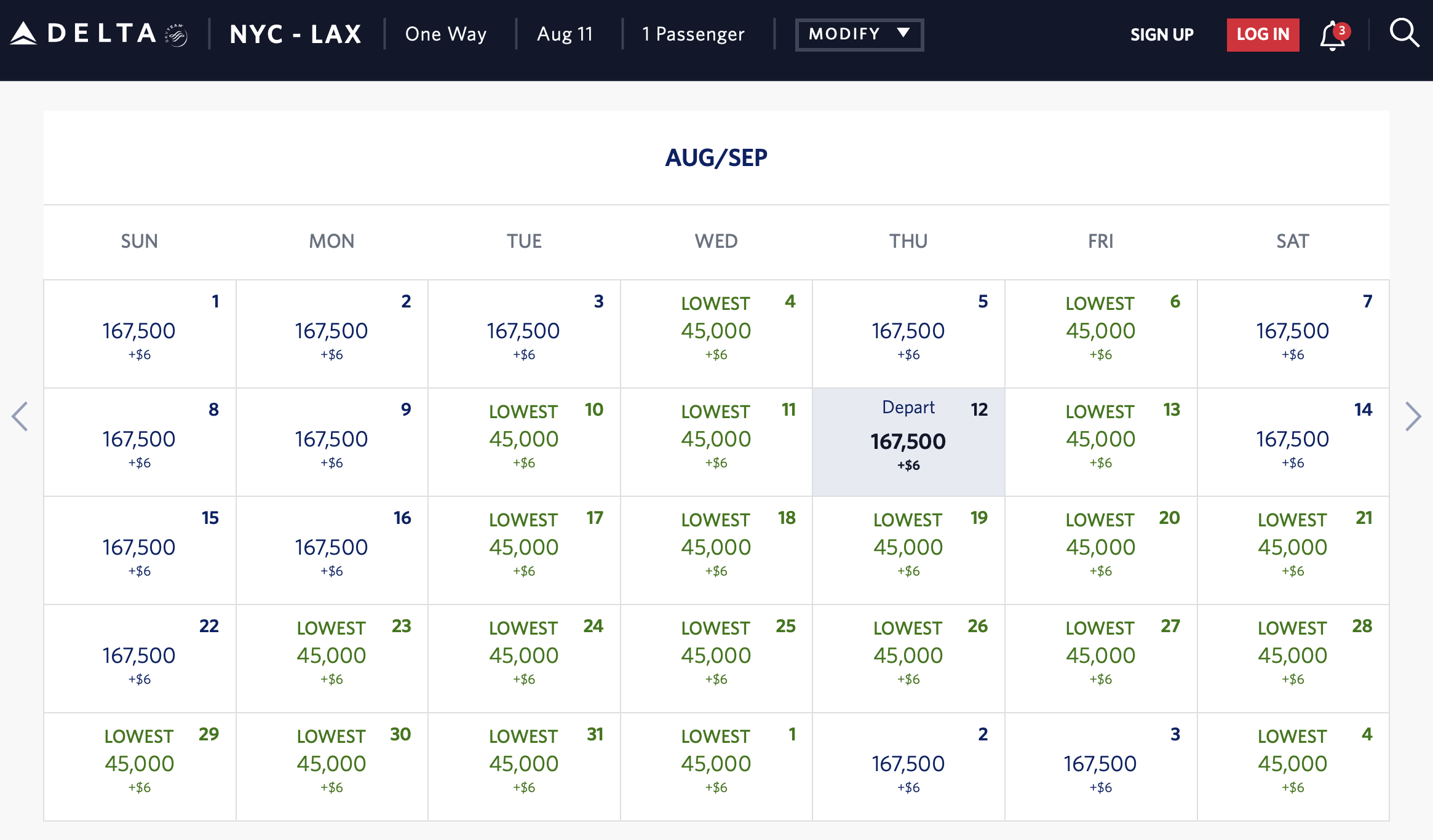 NYC to LAX Delta One Award Pricing