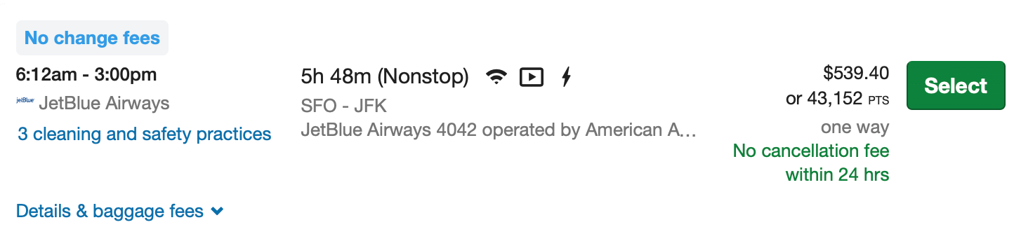 SFO to JFK JetBlue Chase Travel Portal