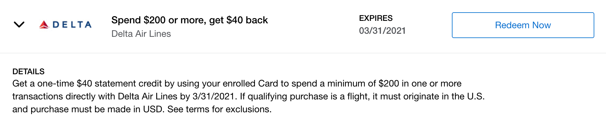 An Amex Offer to save $40 off a Delta purchase of $200 or more