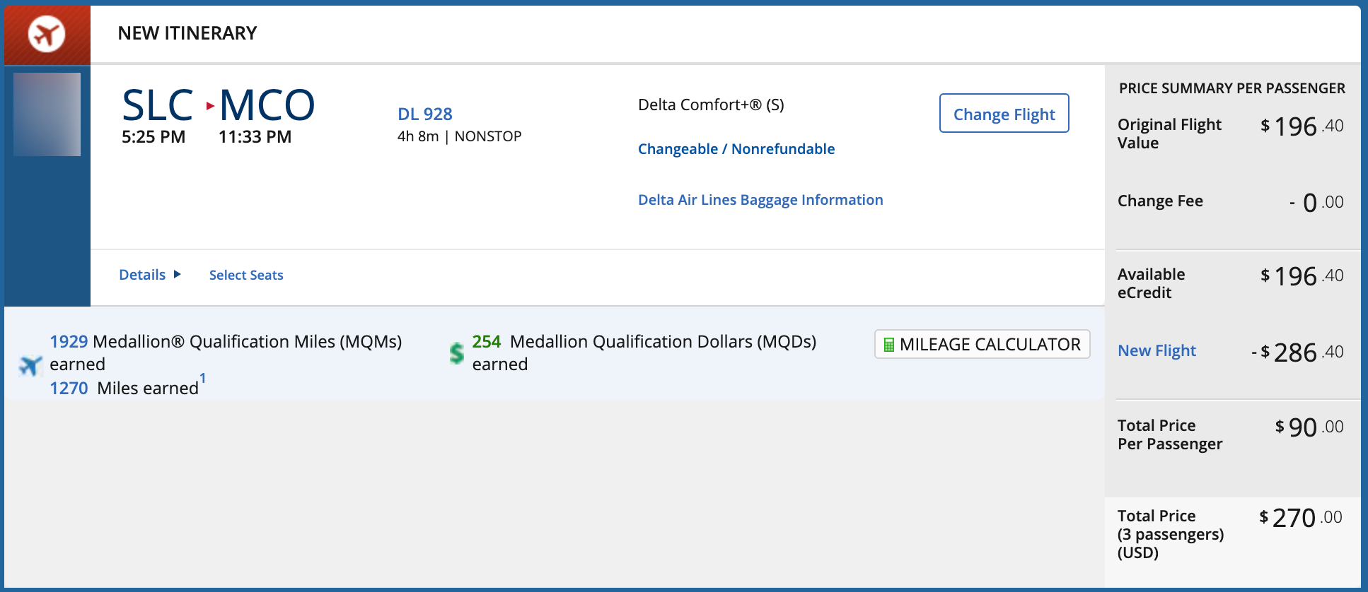 The final booking page for a Delta flight from Salt Lake City to Orlando