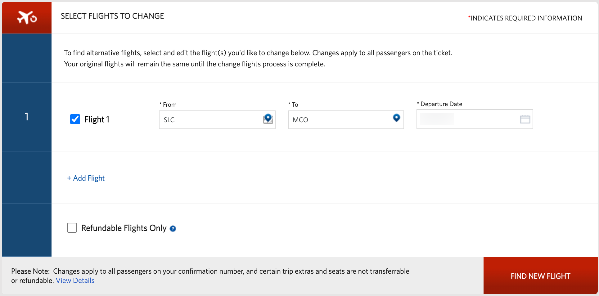 Online search screen to change your Delta flight