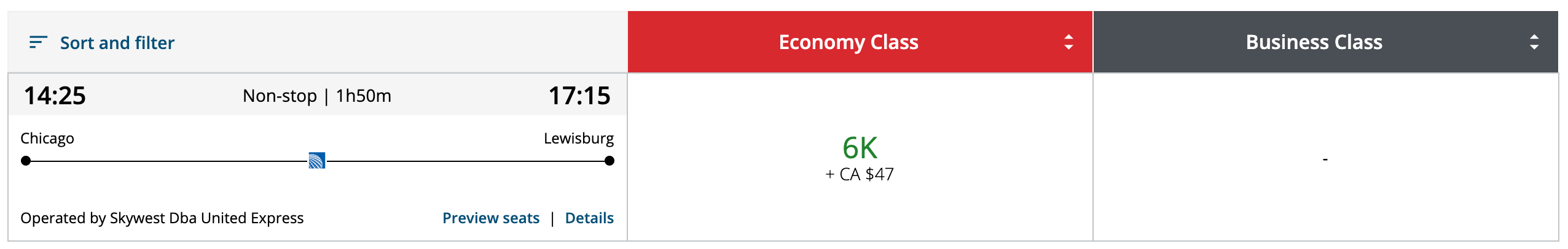 A nonstop United flight from Chicago to Lewisburg, West Virgina booked using Aeroplan points