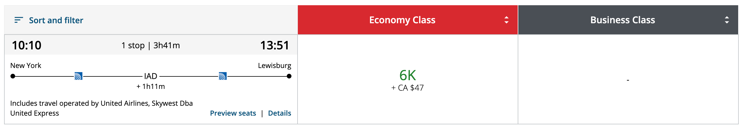 A United flight from Newark to Lewisburg, West Virginia booked through Air Canada Aeroplan