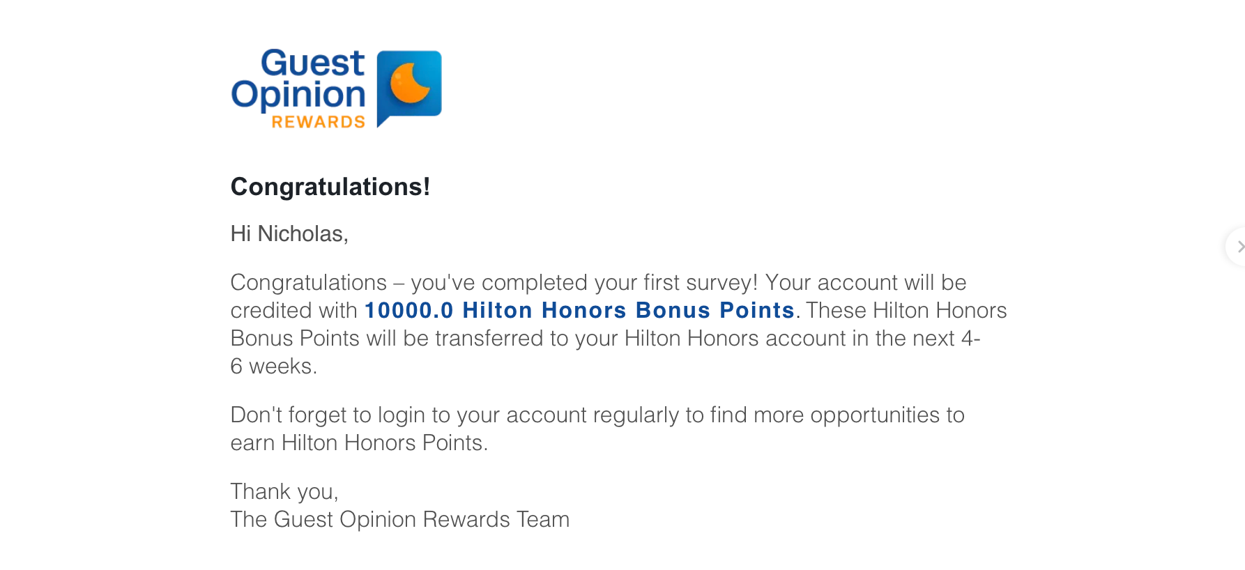 Email confirmation from Guest Opinion Rewards confirming bonus Hilton Honors points
