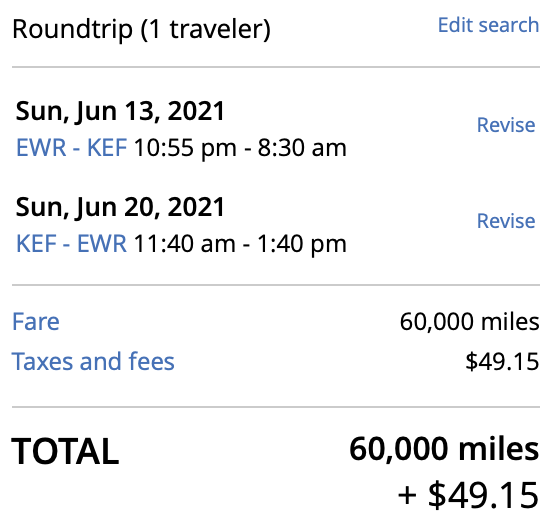 United EWR to KEF award pricing