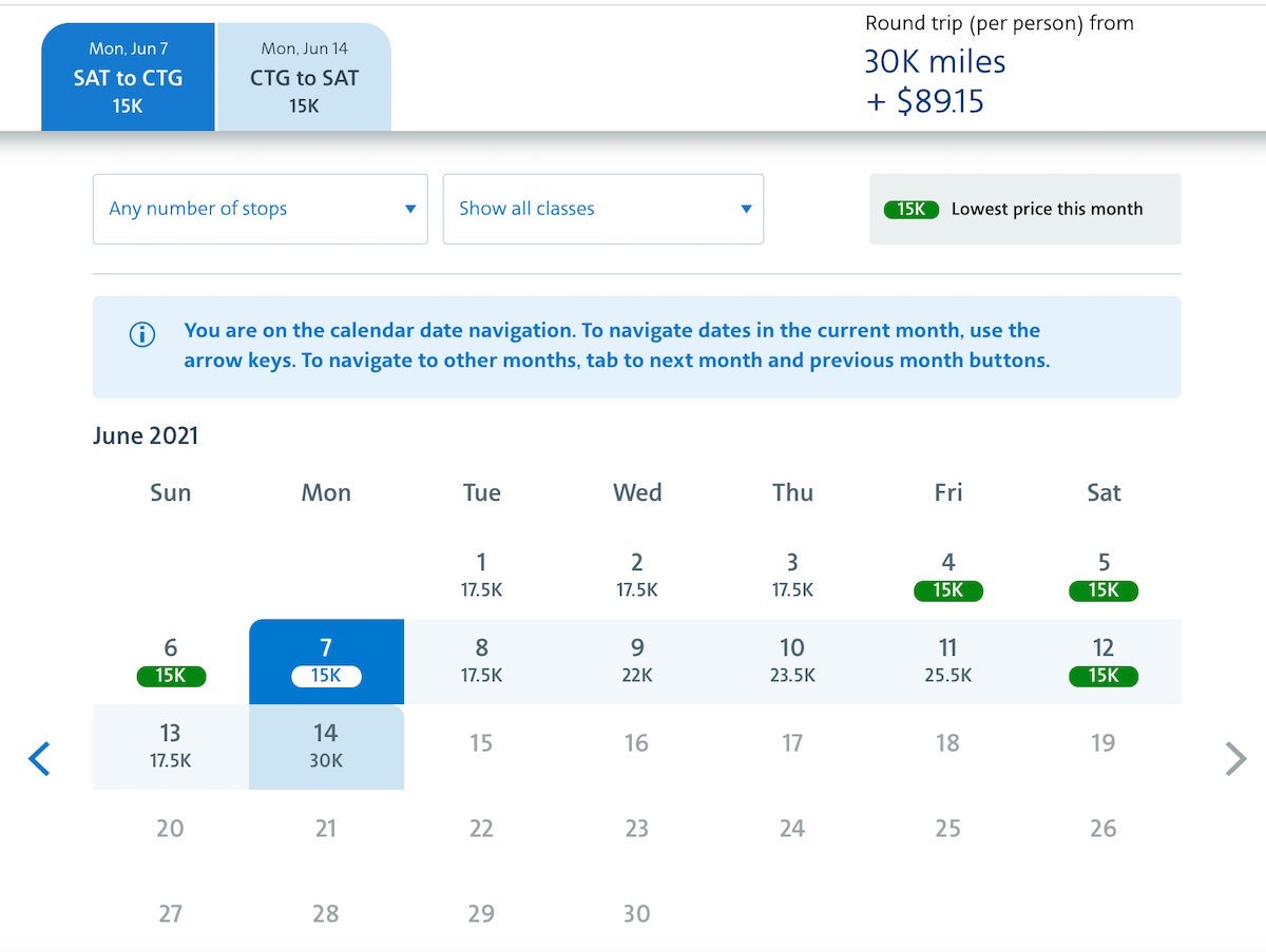 AA calendar view SAT-CTG economy class