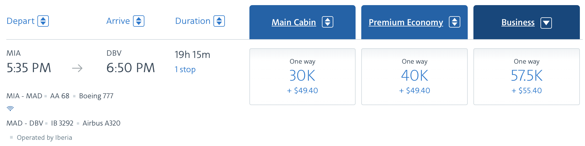 AAdvantage award ticket MIA to DBV
