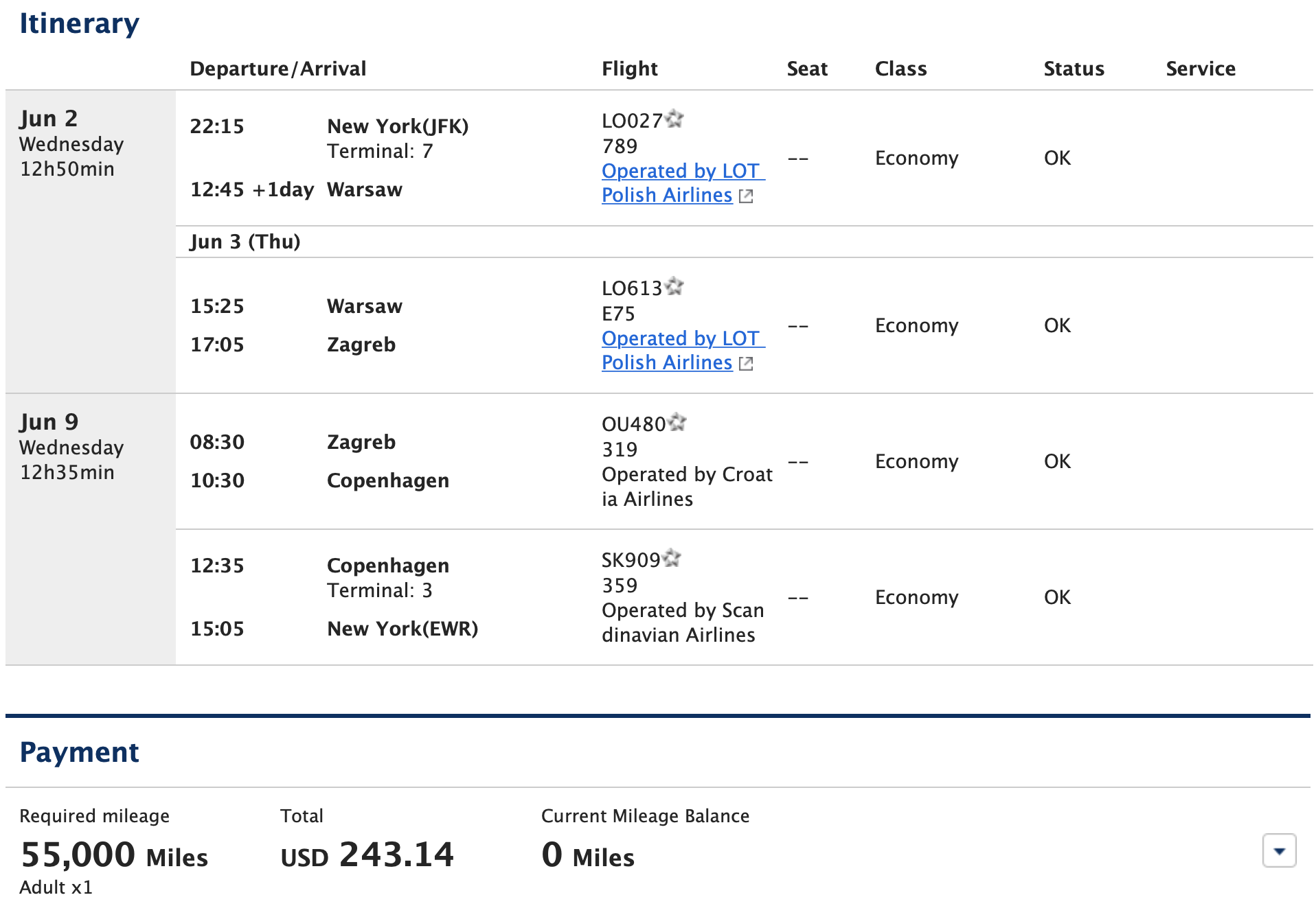 ANA award itinerary JFK to ZAG