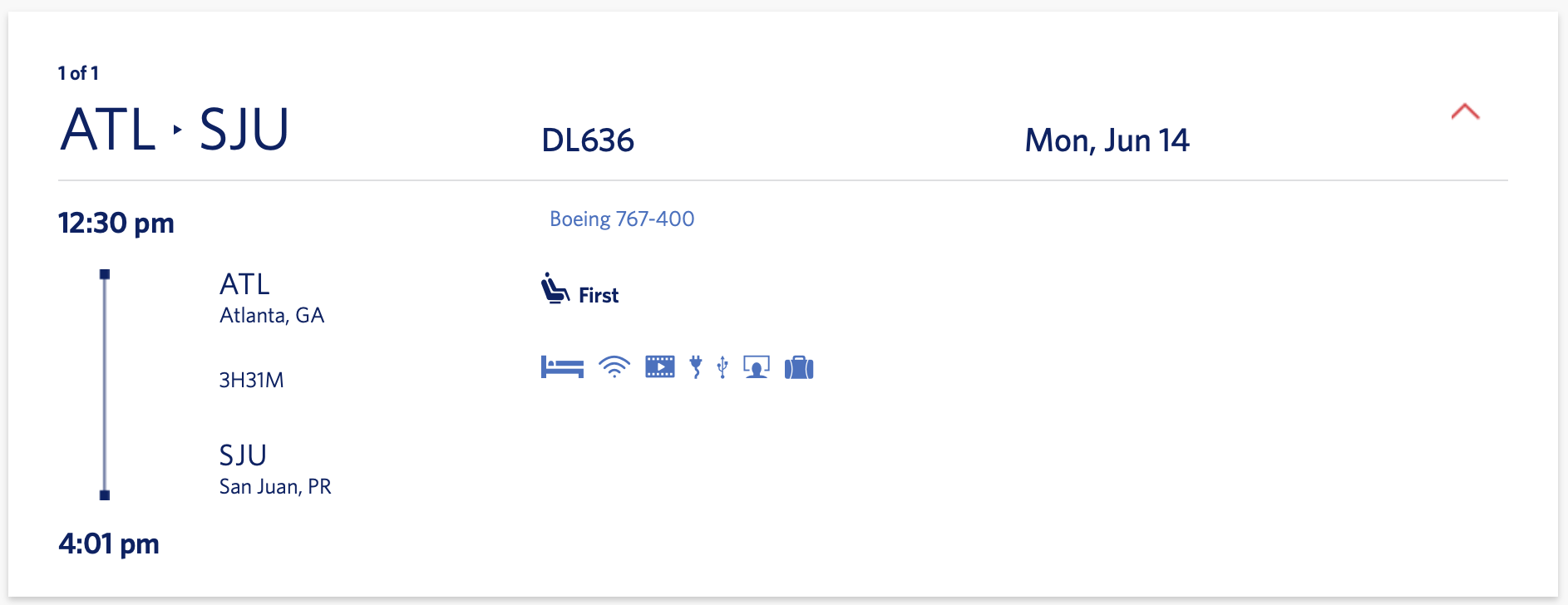 ATL to SJU Delta flight details on 767 aircraft
