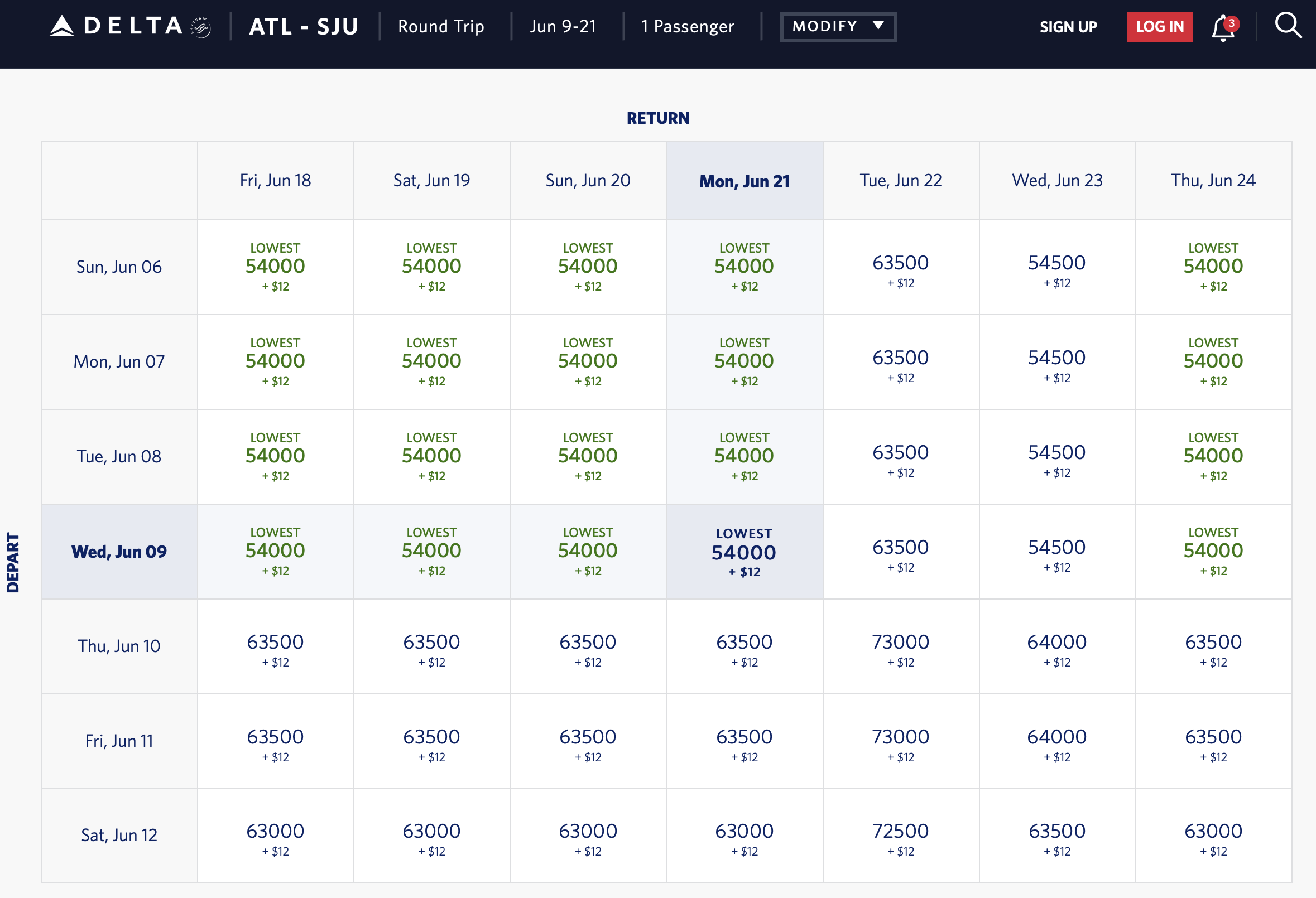 ATL to SJU round-trip Delta calendar