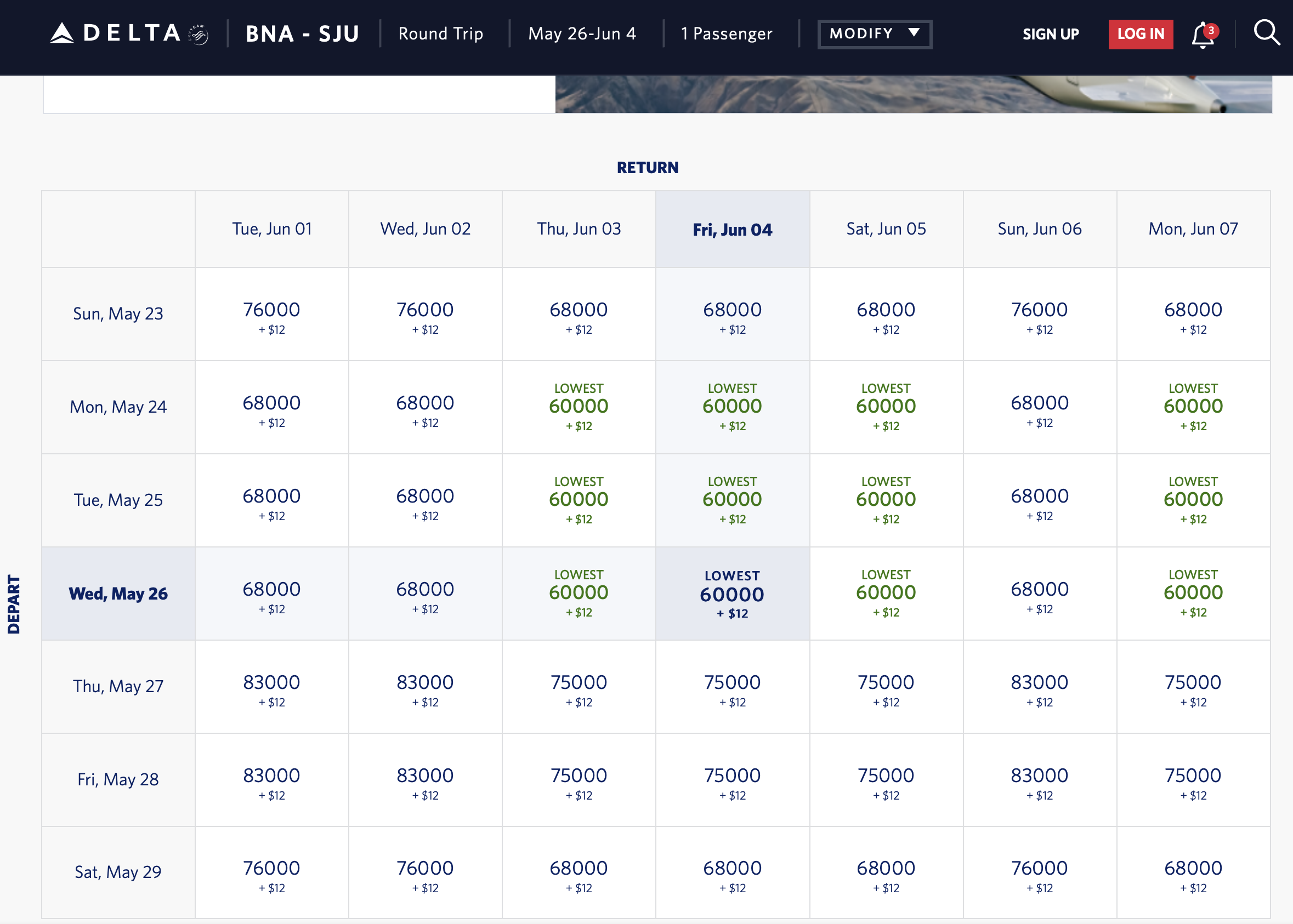 BNA to SJU round-trip Delta calendar